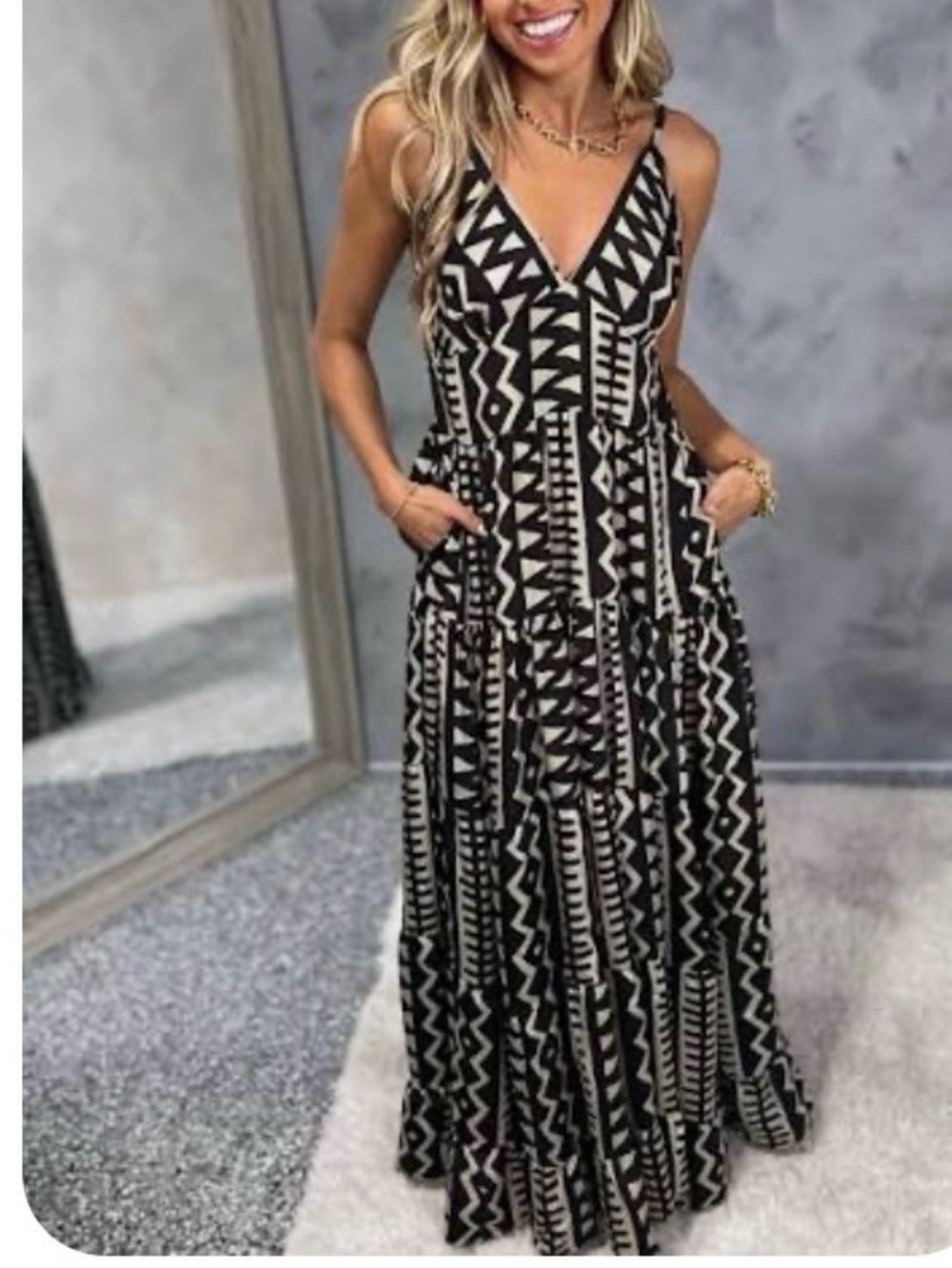 Black & White Tribal Print Maxi Dress with Spaghetti Straps. NWT